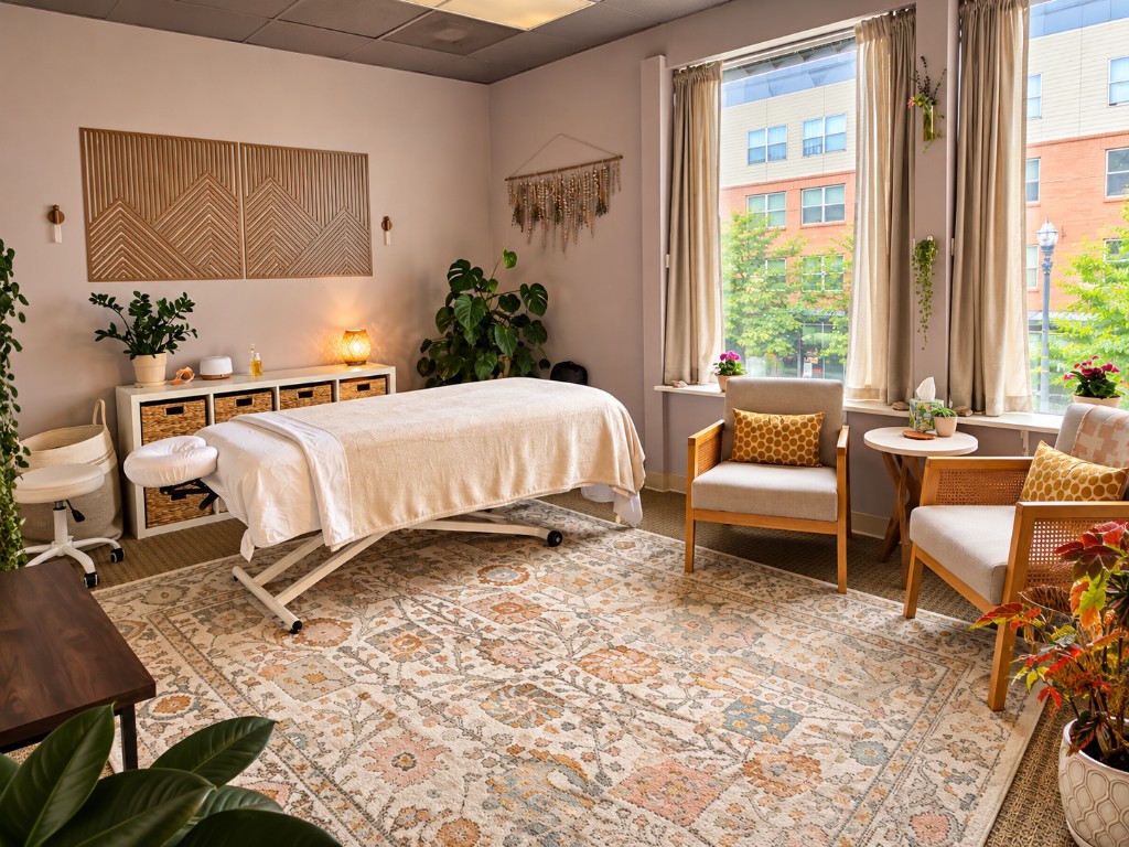 A bright treatment room with a massage table, plants, and a patterned rug